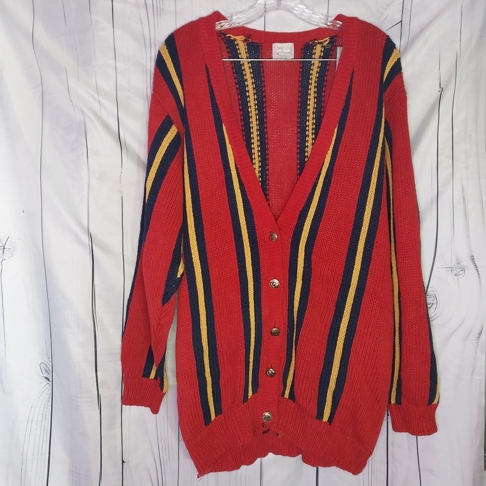 Hasting & Smith Petites Vintage Striped Red Button Grandpa Cardigan Sweater